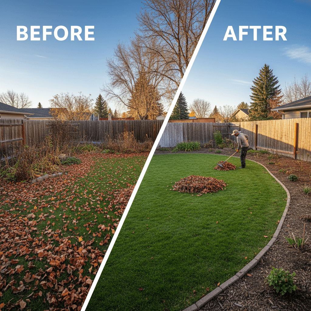 A warm, golden-hour aesthetic wide shot of a Calgary residential yard during spring or fall cleanup.